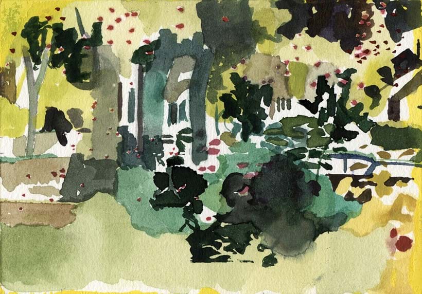 Inline Image - Lot 518: Hurvin Anderson, 'The Avenue', Watercolour on paper | Sold for £3,400