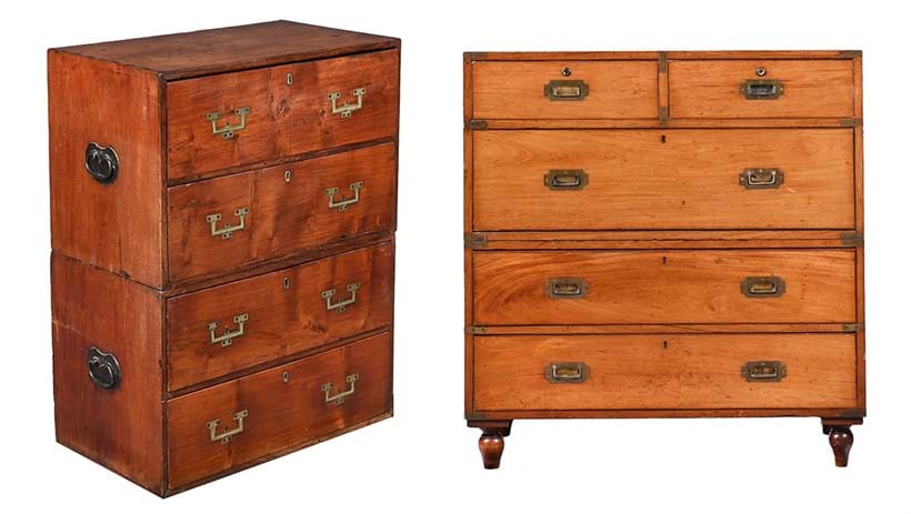 Inline Image - Lot 413: A Victorian hardwood campaign chest of drawers, second half 19th century, Est. £500-800 (+ fees) | Lot 494: A mahogany and brass bound campaign chest, 19th century, Est. £500-700 (+ fees)