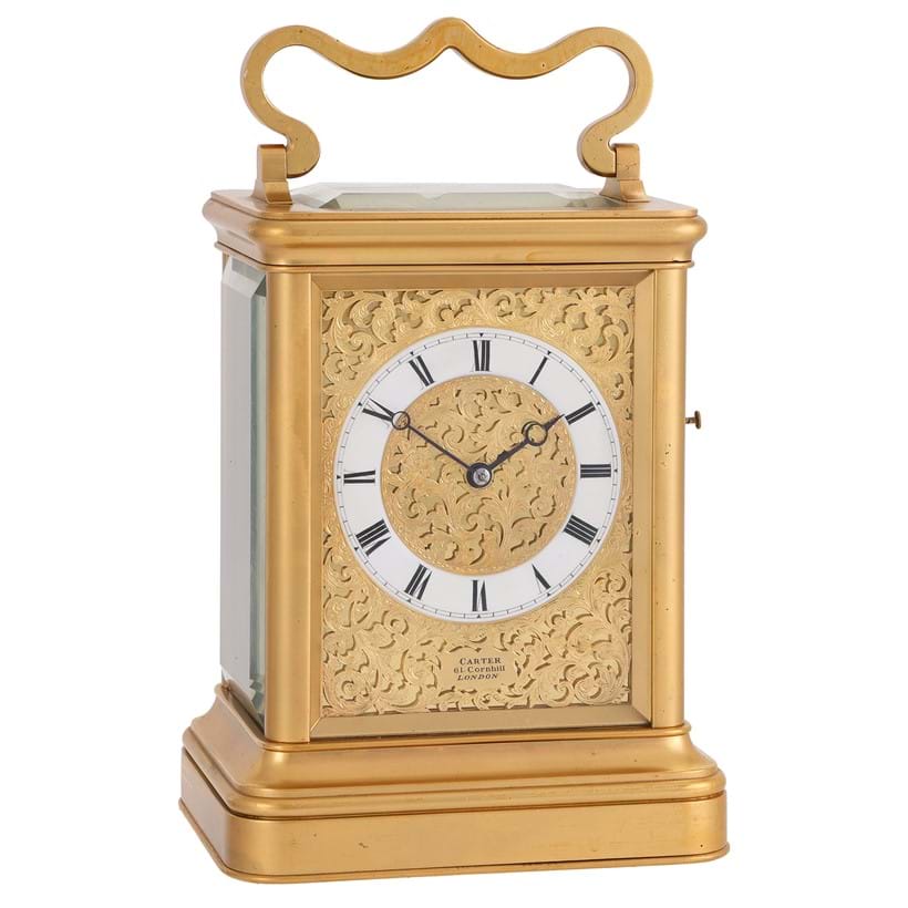 Inline Image - Lot 107: A fine Victorian gilt brass giant carriage clock with push-button repeat, Carter, London, Circa 1860 | Est. £10,000-15,000 (+ fees)