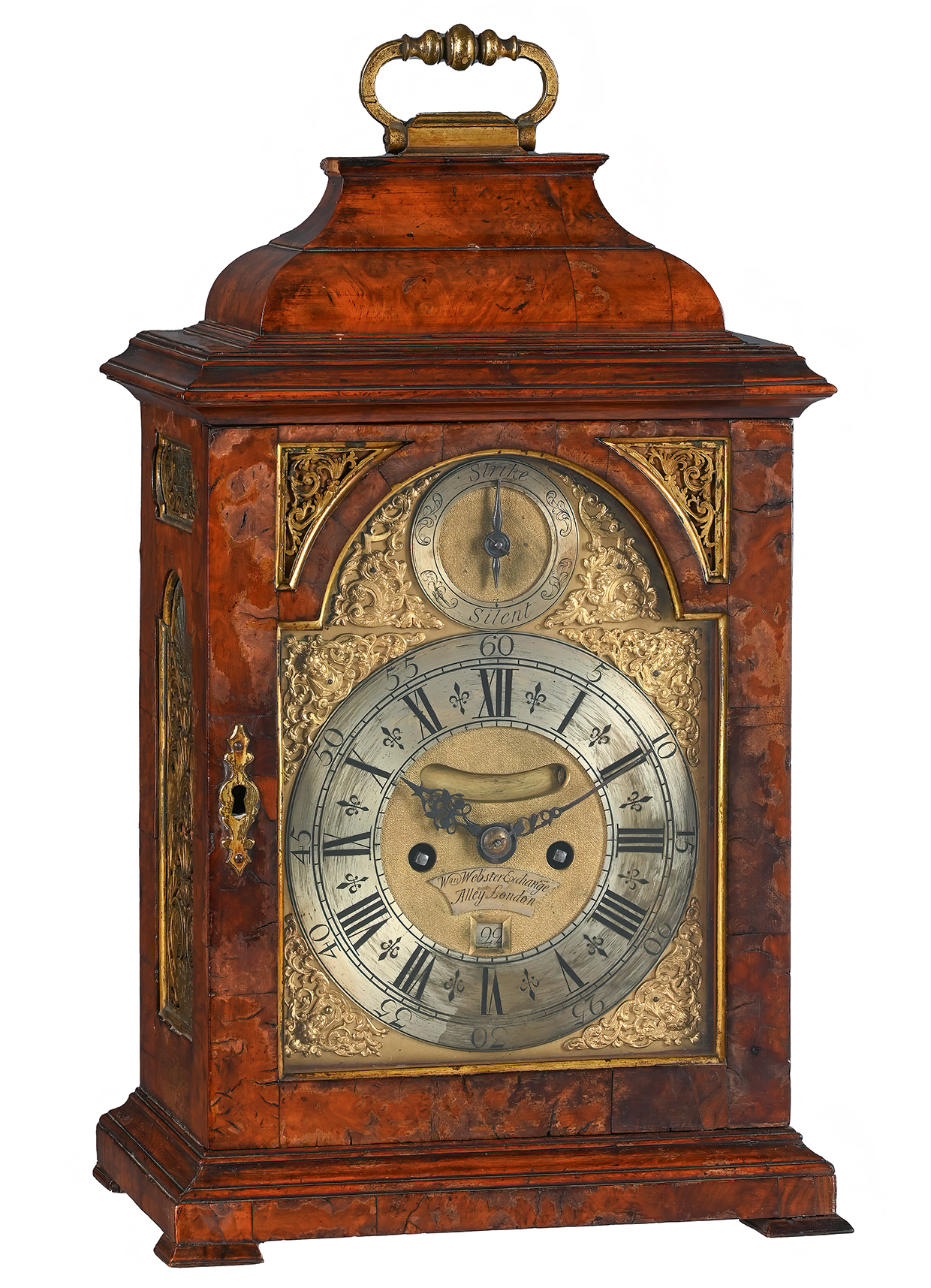 Inline Image - Lot 187: A fine George II gilt brass mounted walnut table/bracket clock with pull-quarter repeat on six bells, William Webster, London, circa 1730 | Est. £4,000-6,000 (+ fees)