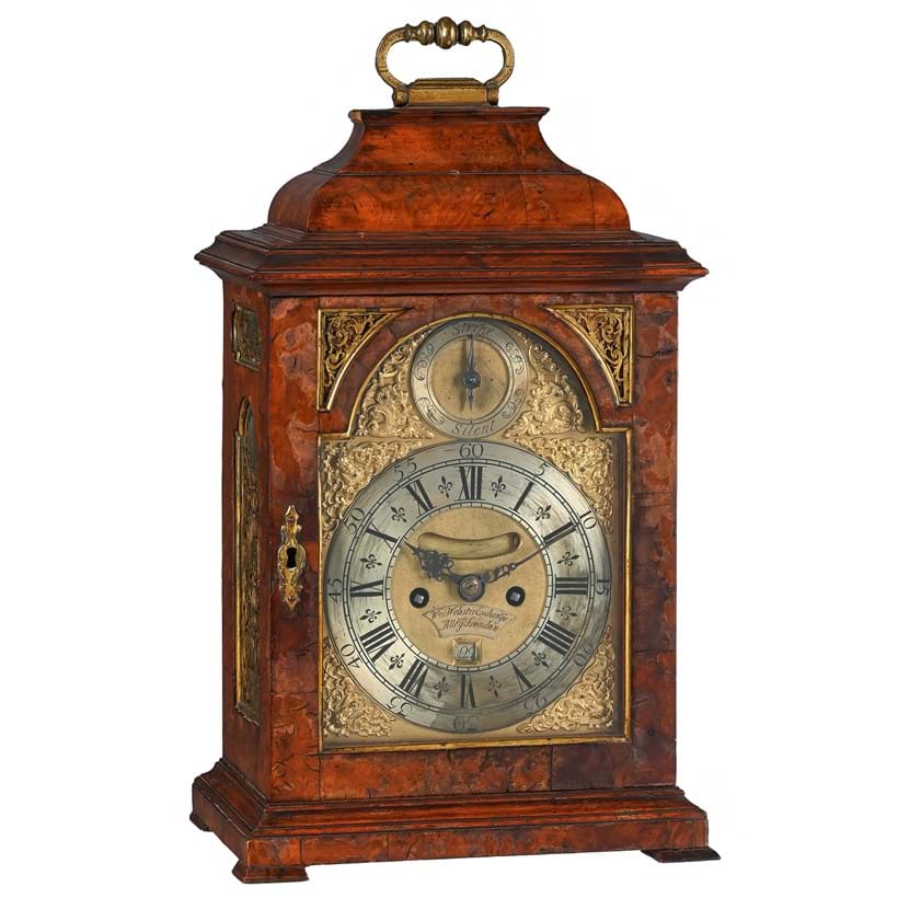 Inline Image - Lot 187: A fine George II gilt brass mounted walnut table/bracket clock with pull-quarter repeat on six bells, William Webster, London, circa 1730 | Est. £4,000-6,000 (+ fees)