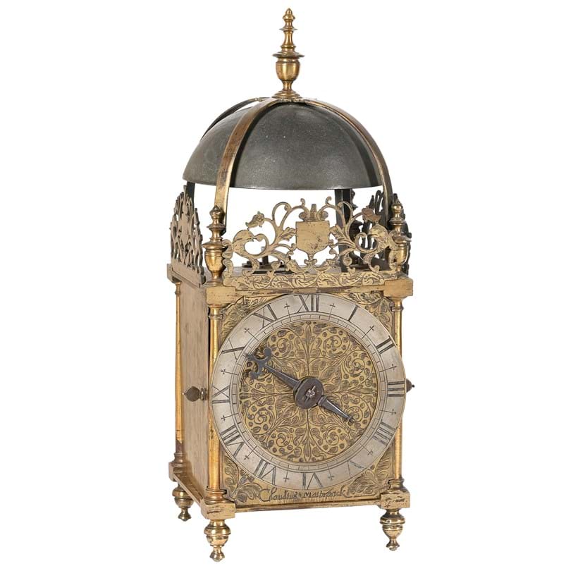 Inline Image - Lot 163: A fine and rare Charles I brass 'First Period' lantern clock of larger proportions, attributed to the workshop of William Bowyer, the dial signed for Claudius Malbranck, London, circa 1630 | Est. £18,000-25,000 (+ fees)