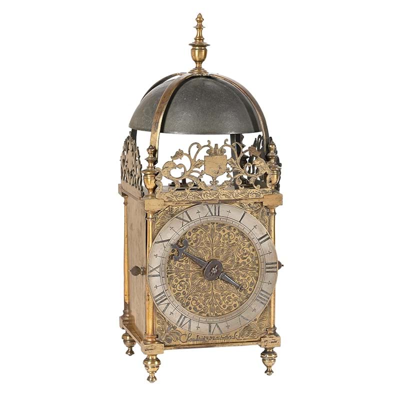 A fine and rare Charles I brass 'first period' lantern clock of larger proportions, attributed to the workshop of William Bowyer, the dial signed for Claudius Malbranck, London, circa 1630
