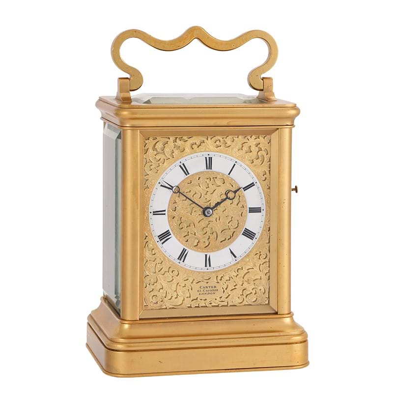 A fine Victorian filt brass giant carriage clock with push-button repeat, Carter, London, circa 1860