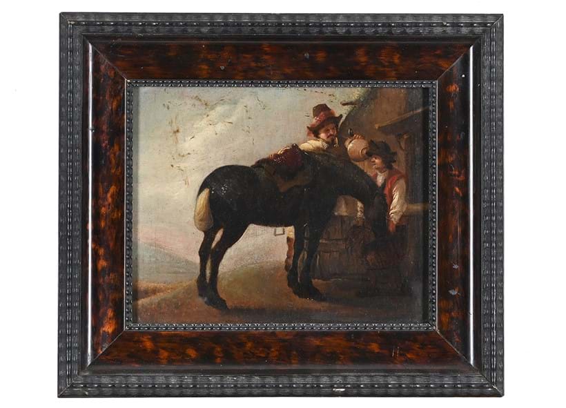 Inline Image - Lot 28: Dutch School (18th Century), 'Two figures with a horse beside an inn', Oil on panel | Est. £300-500 (+ fees)
