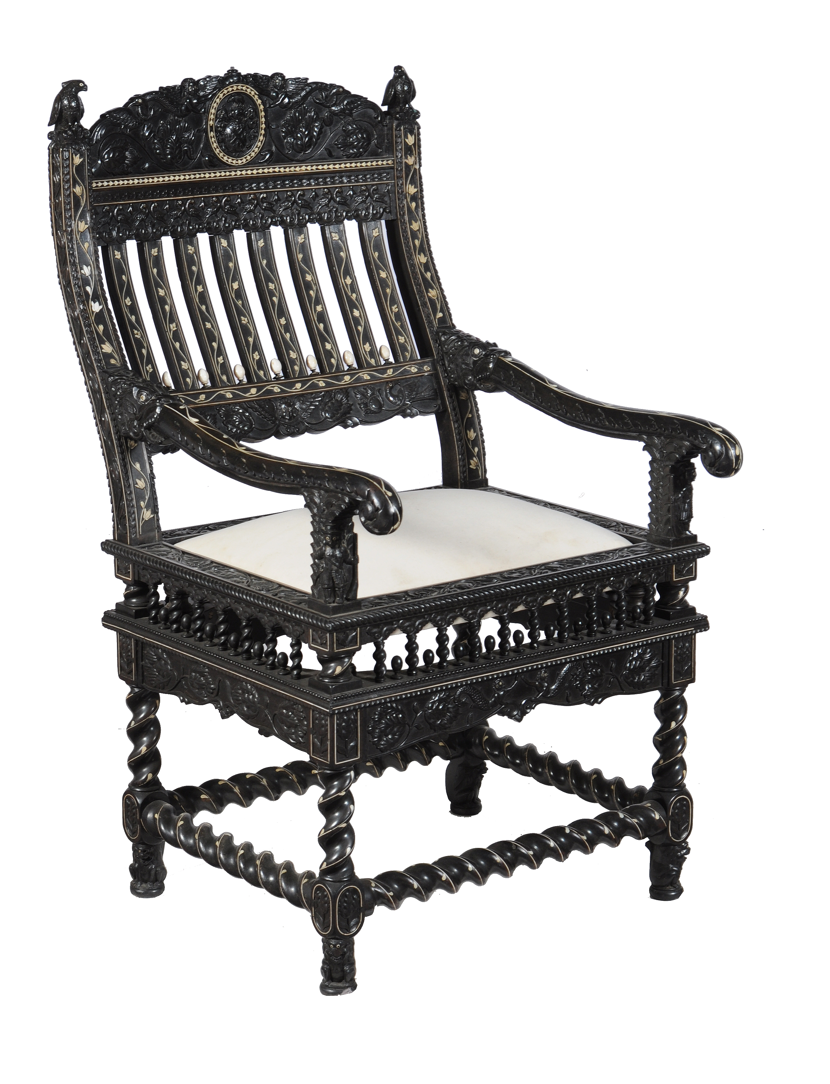 An Indian carved ebony and ivory inlaid armchair, late 17th century, Coromandel Coast 