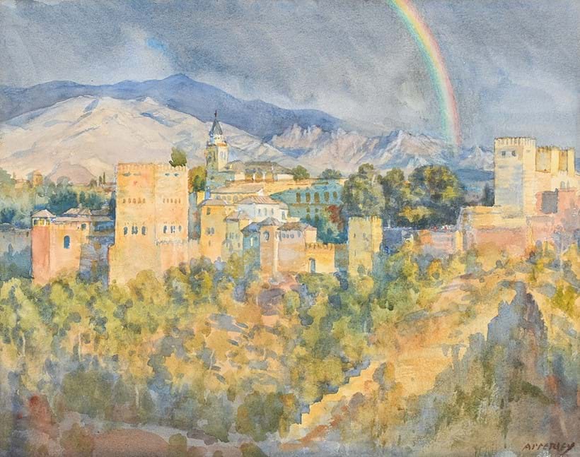 Inline Image - Lot 222: George Owen Wynne Apperley (British 1884-1960), 'Arco Iris Sobre La Alhambra', Watercolour | Est. £700-1,000 (+ fees)