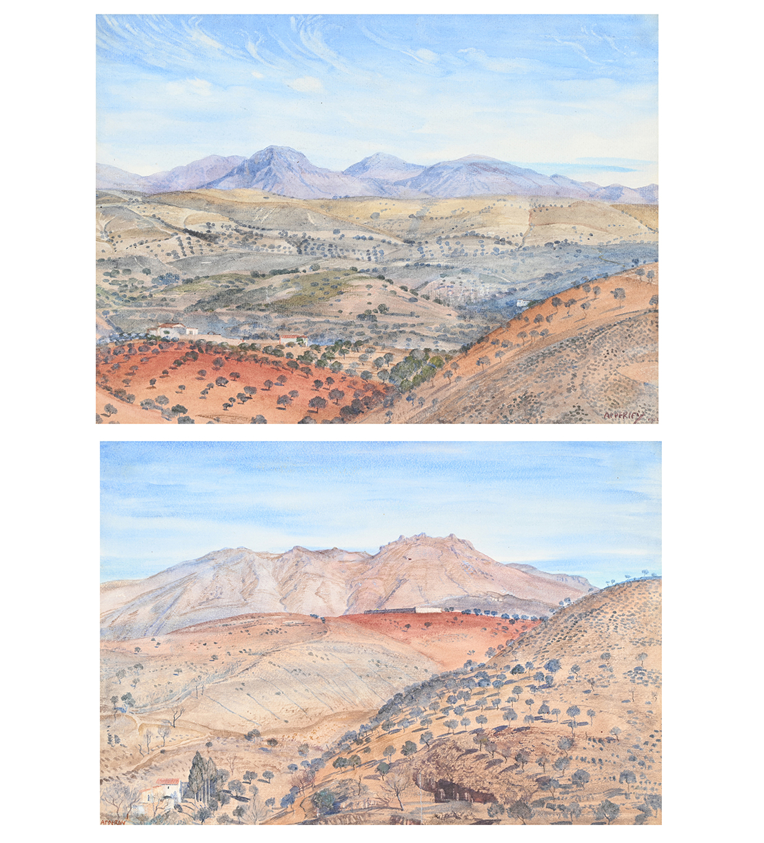 Inline Image - Lot 223: George Owen Wynne Apperley (British 1884-1960), 'Mirando Hacia Viznar, a pair of landscapes', Watercolour | Est. £700-1,000 (+ fees)