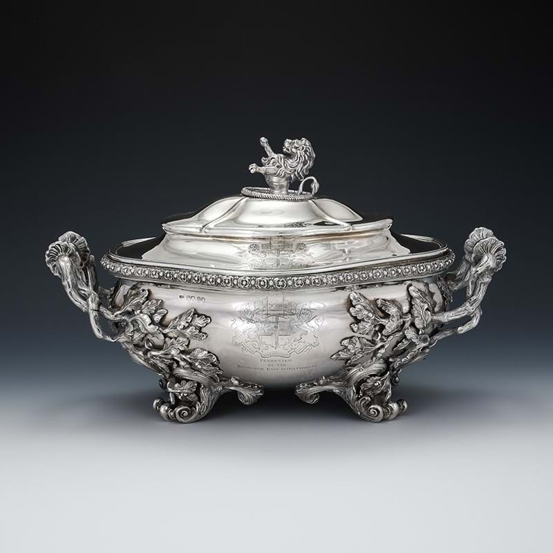 A George IV silver shaped oval soup tureen and cover, Thomas Wimbush, London 1829, the liner By Benjamin Preston, London 1831