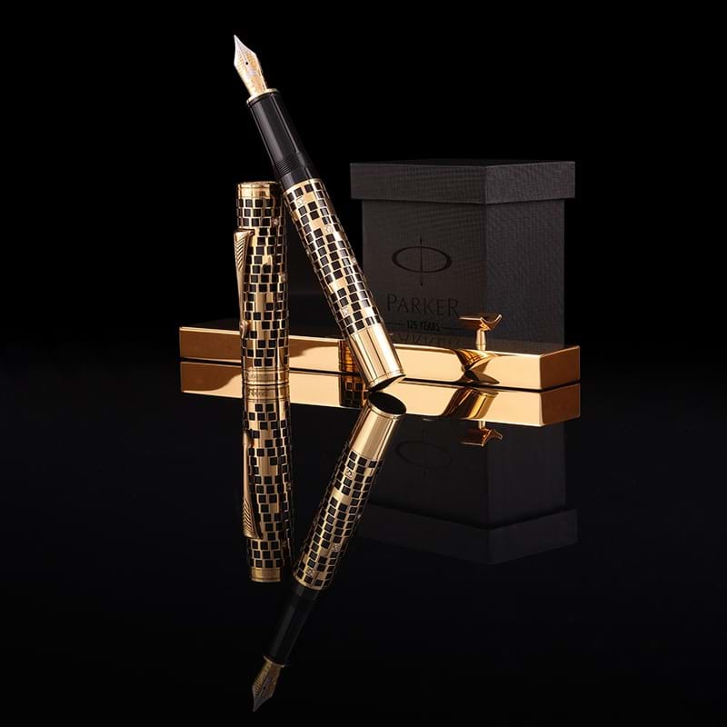 Parker, 125th anniversary duofold giant, a limited edition gold coloured, black resin and diamond set fountain pen