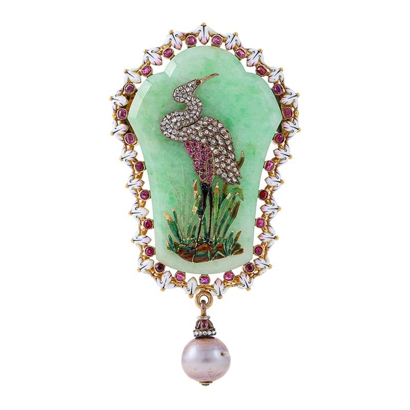 Fontenay, a late 19th century jadeite jade, ruby, diamond, pearl and enamel crane brooch, circa 1880