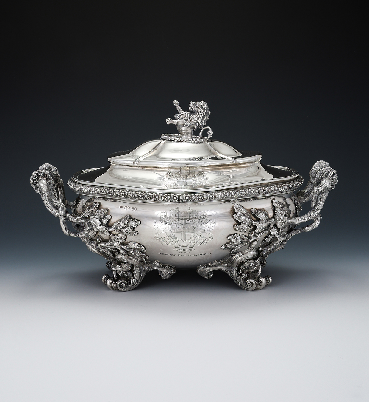 Inline Image - Lot 14: A George IV silver shaped oval soup tureen and cover, Thomas Wimbush, London 1829, the liner by Benjamin Preston, London 1831 | Est. £8,000-12,000 (+ fees)