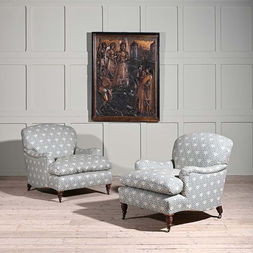 Inline Image - Lot 314: A pair of walnut and upholstered 'Ivor' armchairs, by Howard & Sons Ltd., late 19th century | Est. £15,000-25,000 (+ fees)