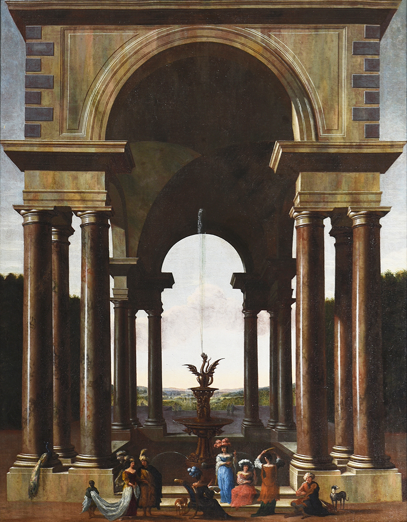 Inline Image - Jacob Ferdinand Saeys (Dutch 1659-1725/6), ‘A Classical Portico With An Elegant Company Gathered By A Fountain’, Oil on canvas | Est. £10,000-15,000 (+ fees)