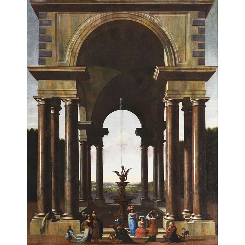 Inline Image - Jacob Ferdinand Saeys (Dutch 1659-1725/6), ‘A Classical Portico With An Elegant Company Gathered By A Fountain’, Oil on canvas | Est. £10,000-15,000 (+ fees)