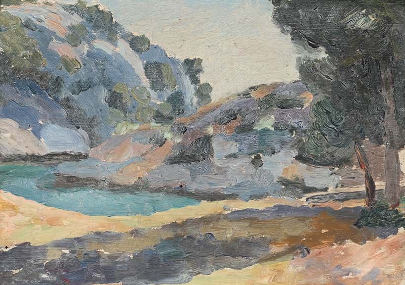 Inline Image - Lot 5: Roger Fry (British 1866-1934), 'Wooded landscape with hills beyond', Oil on board | Est. £700-1,000 (+ fees)