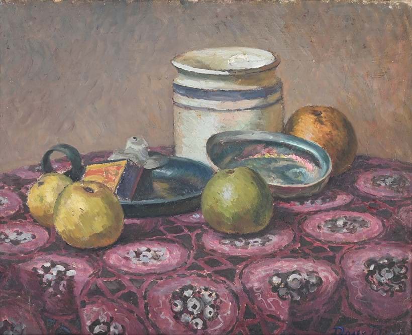 Inline Image - Lot 7: Roger Fry (British 1866-1934), 'Still life of a jar, apples and a candlestick holder', Oil on board | Est. £1,000-1,500 (+ fees)