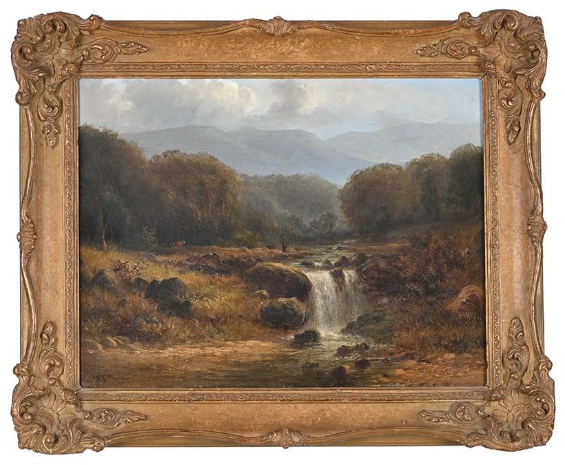 Inline Image - Lot 25: Edmund Gill (British 1820-1894), ‘Waterfall on the Upper Reaches Of The Clyde’, oil on board | Est. £300-500 (+ fees)