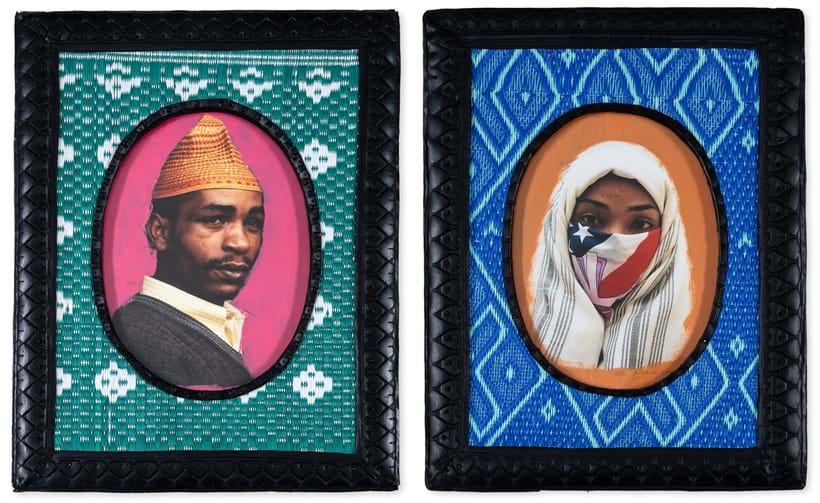 Inline Image - Lot 11: Hassan Hajjaj (b.1961), 'Lovers (Male and Female)', Two c-type prints in colours extensively hand-finished with acrylic and presented in the artist's woven plastic and rubber tyre frames, 2000 | Est. £5,000-7,000 (+ fees)