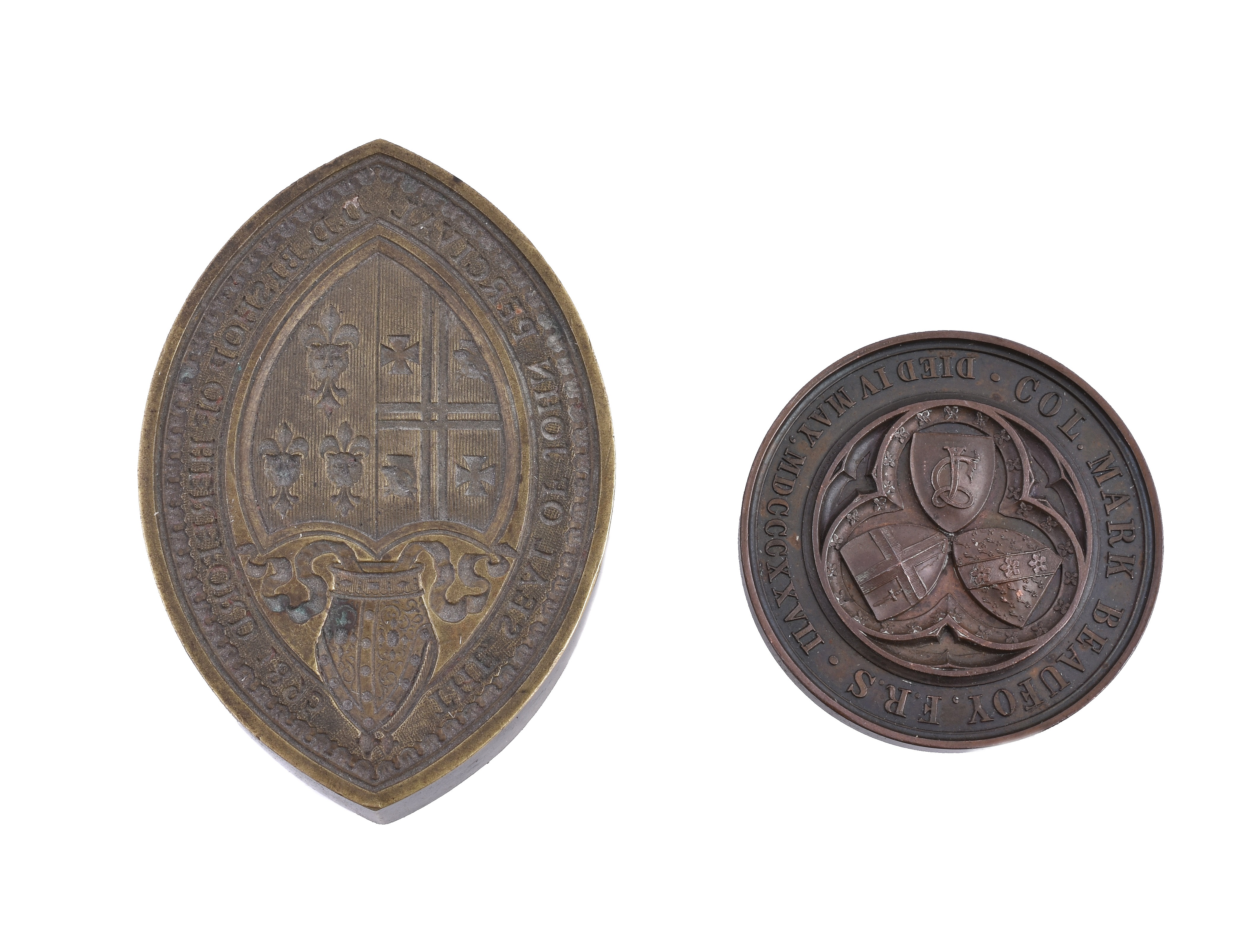 City of London School, Col. Mark Beaufoy, mathematical proficiency bronze prize medal, 1843; a brass seal matrix for John Percival, Bishop of Hereford, 1895
