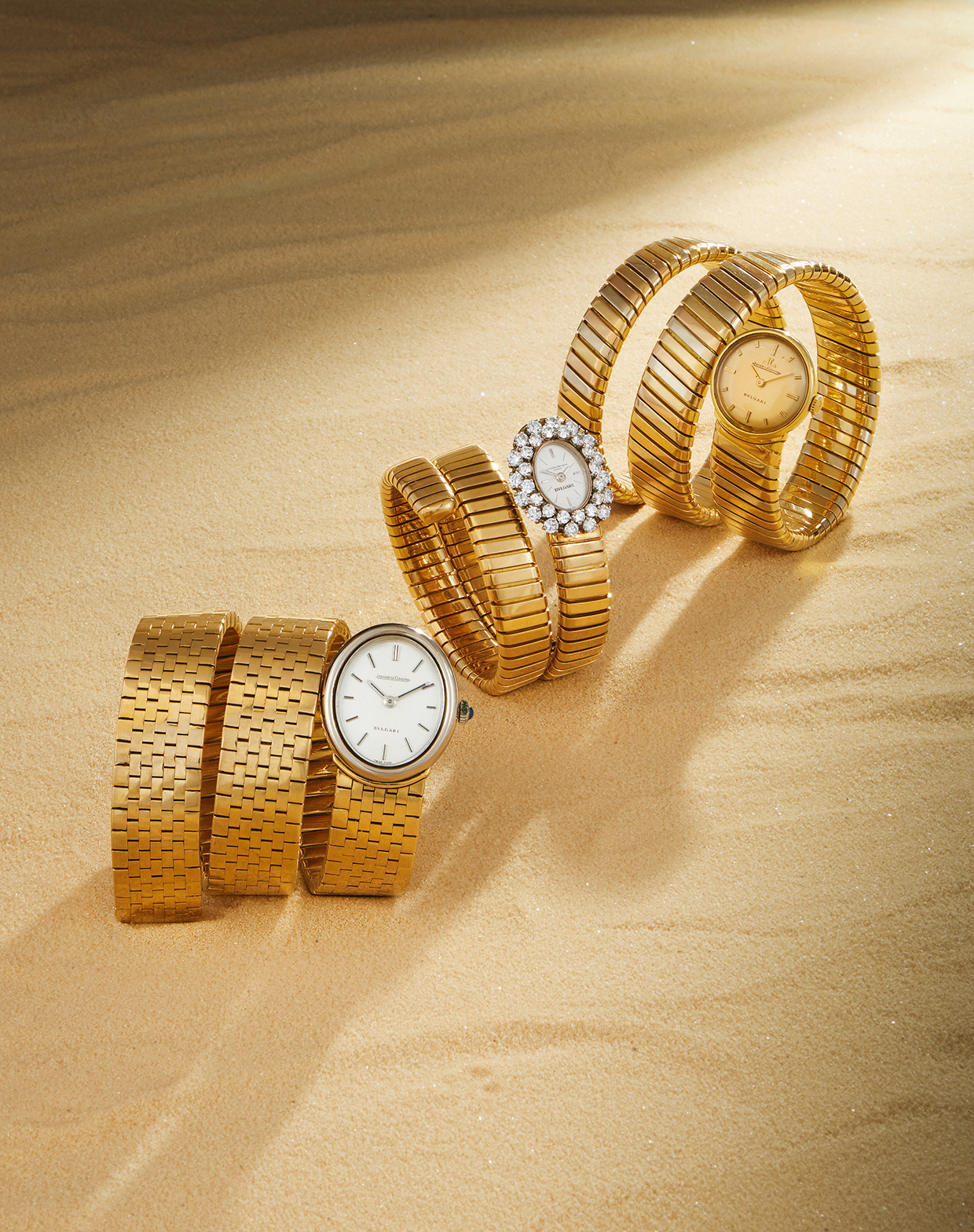 Inline Image - Lot 135: Bulgari and Jaeger-LeCoultre, a brick-link 'Serpenti' bracelet watch, circa 1970s, Est. £7,000-10,000 (+fees) | Lot 134: Bulgari and Vacheron Constantin, a diamond set 'Tubogas Serpenti' bracelet watch, circa 1970s, Est. £8,000-12,000 (+fees) | Lot 133: Bulgari and Jaeger-LeCoultre, a tri-coloured 'Tubogas Serpenti' bracelet watch, circa 1970s, Est. £8,000-12,000 (+ fees)