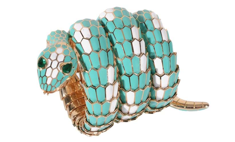 Inline Image - An enamel and emerald 'Serpenti' bangle wristwatch by Bulgari, circa 1968 | Sold for £84,320 ($132,260) (November 2014)