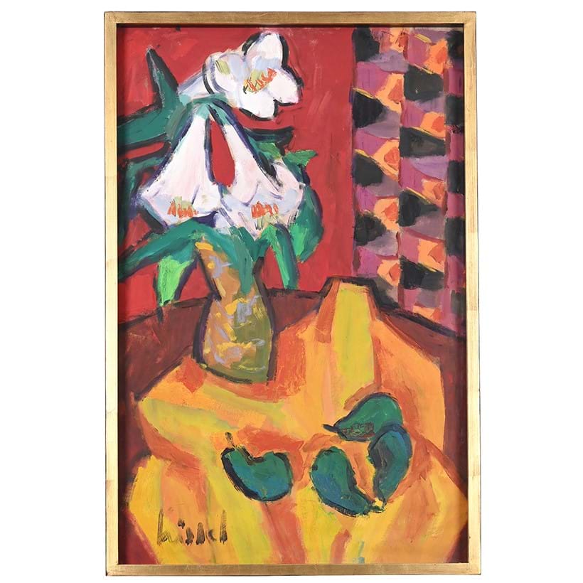 Inline Image - Lot 130: λ Gernot Kissel (German 1939-2008), 'Still Life, White Lillies and Pears', Oil on paper | Est. £800-1,200 (+ fees)