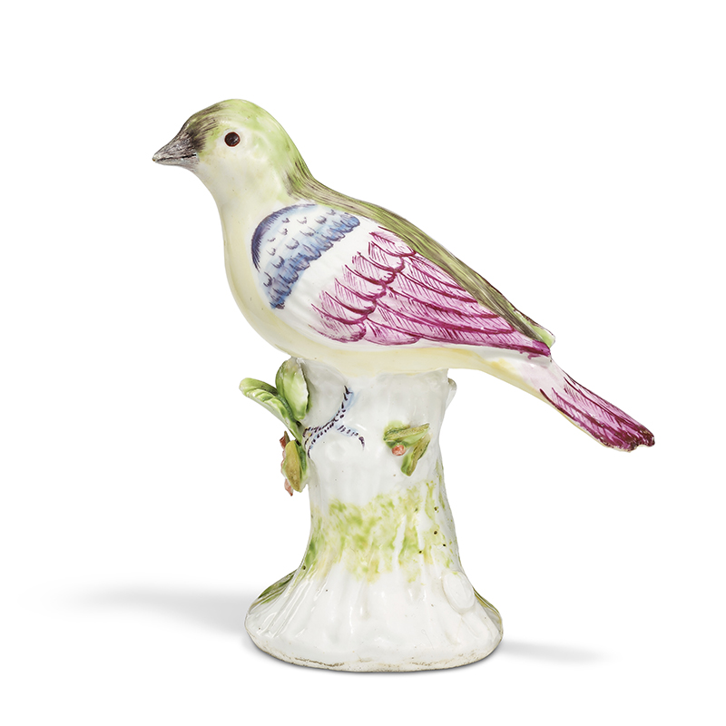 A Chelsea porcelain raised anchor model of a finch, circa 1750-52
