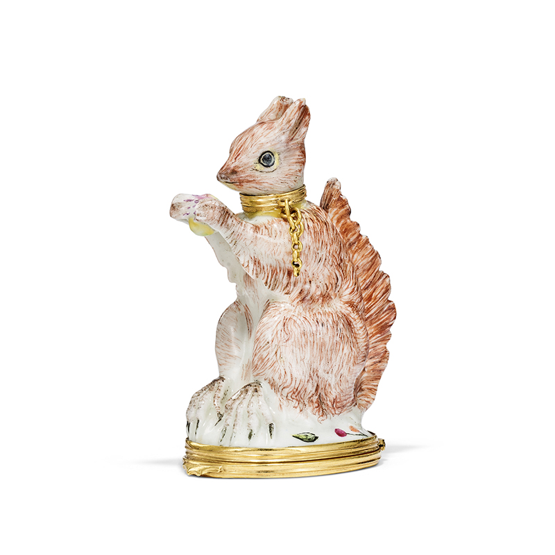 A gold-mounted ‘Girl in the Swing’ porcelain scent-bottle modelled as a squirrel, circa 1755
