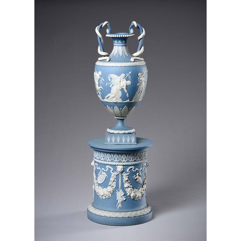 Inline Image - Lot 1081: A Wedgwood Blue Jasper vase on plinth, late 18th century, the figures modelled by Flaxman or Mrs. Landre and later by John De Vaere | Est. £2,500-3,500 (+ fees)