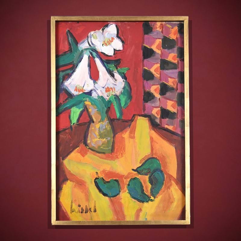 λ Gernot Kissel (German 1939-2008), Still Life, White Lillies And Pears, oil on paper
