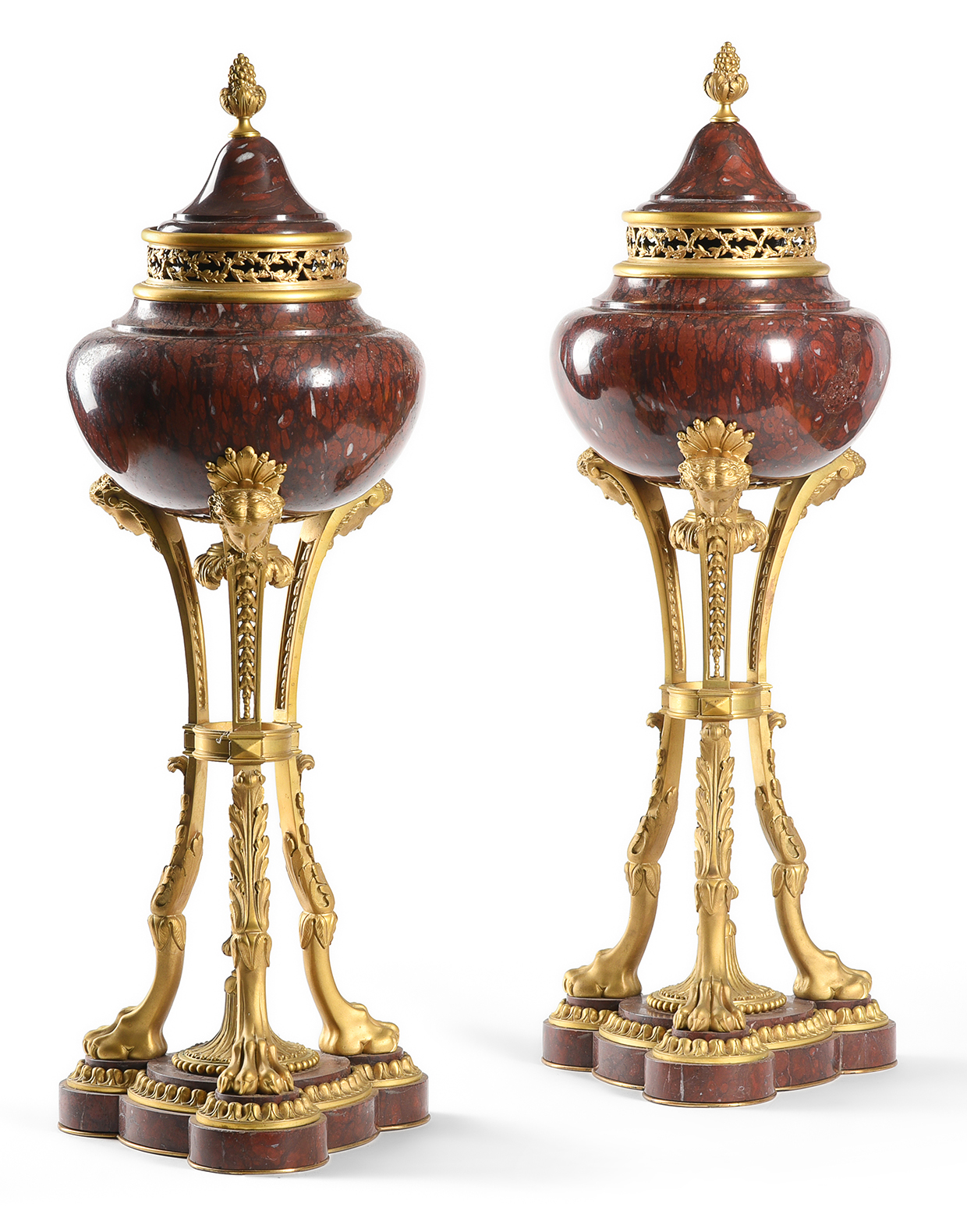 Inline Image - Lot 339: A large pair of French ormolu mounted rouge griotte marble brule parfums, 19th or 20th century, in the manner of Daguerre | Est. £2,000-3,000 (+ fees)