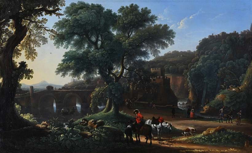 Inline Image - Lot 29: Michelangelo Cerquozzi (Italian 1602-1660) and Angeluccio (Italian 1620-1650), 'Romantic landscape with figures and a bridge', Oil on canvas | Est. £20,000-30,000 (+ fees)