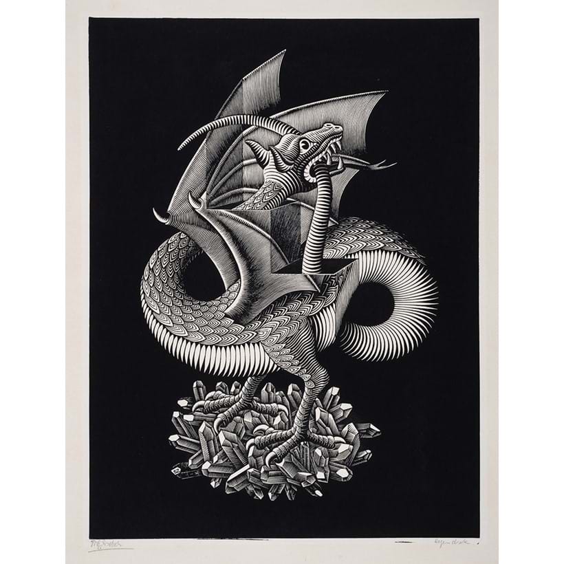 Inline Image - Lot 216: Maurits Cornelis Escher (1898-1972), ‘Dragon (Bool 379)’, Wood engraving, 1952, a fine richly inked impression, signed and inscribed 'eigen druck' in pencil | Est. £10,000-15,000 (+ fees)