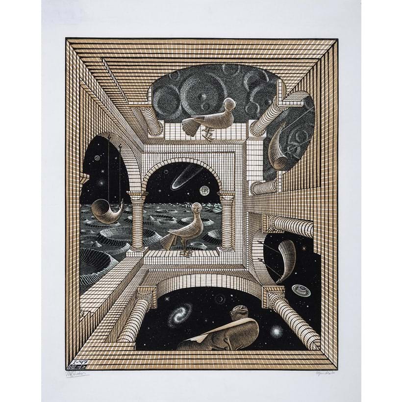 Inline Image - Lot 212: Maurits Cornelis Escher (1898-1972), ‘Other World (Bool 348)’, Wood engraving and woodcut printed in black, reddish brown and green, 1947, signed and inscribed 'eigen druck' in pencil, printed by the artist | Est. £15,000-20,000 (+ fees)