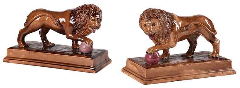 Inline Image - Lot 412: A pair of George Skey Wilnecote Works Tamworth models of Medici Lions, late 19th century | Est. £400-600 (+ fees)