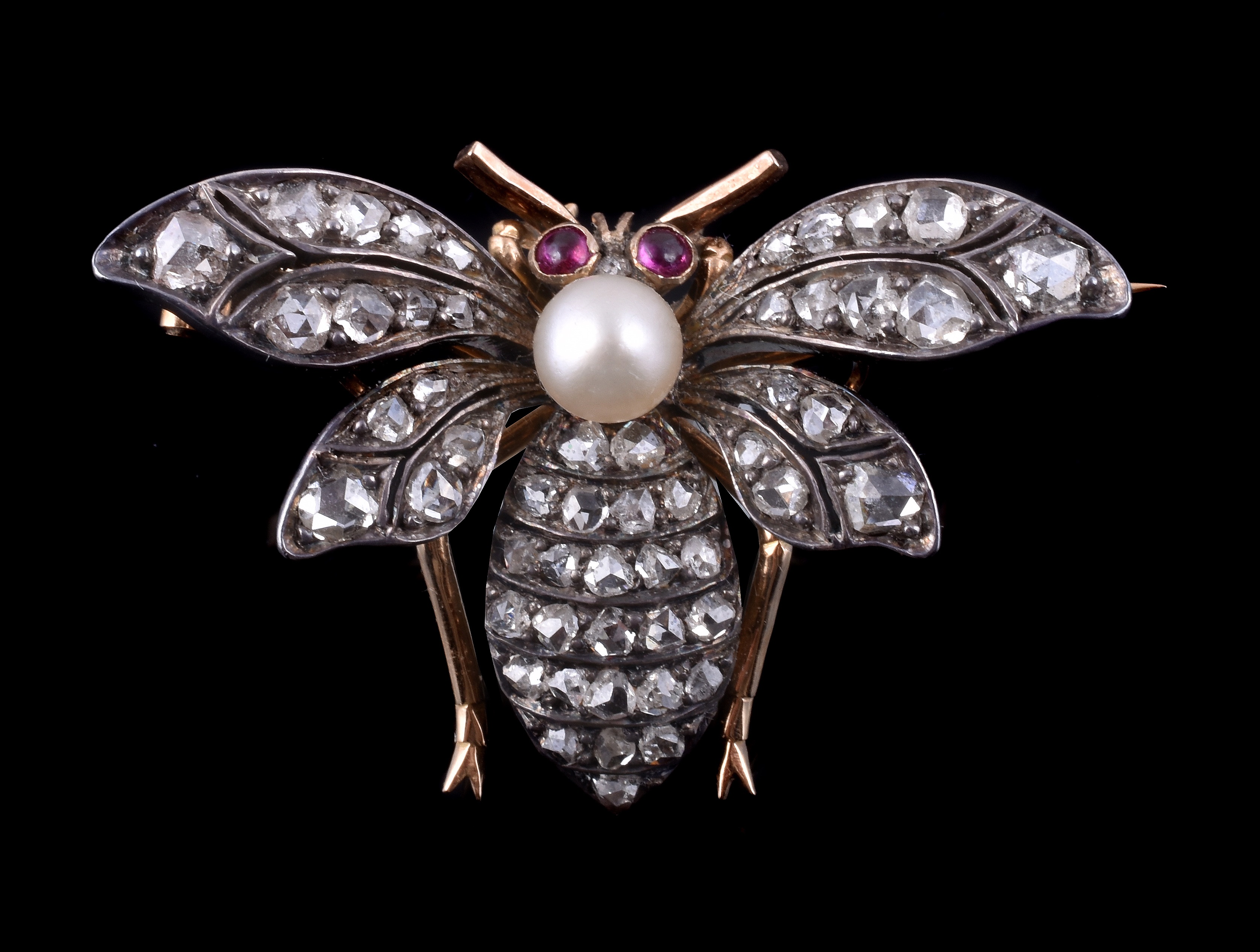 Late Victorian diamond, ruby and pearl bug brooch, circa 1890