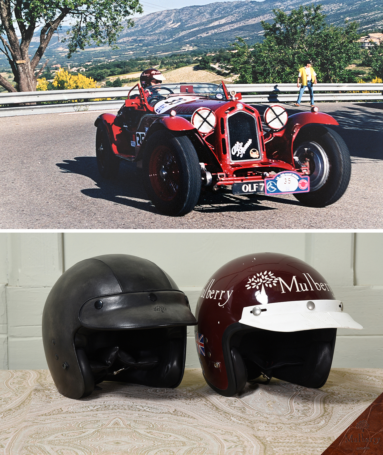 Inline Image - (top) Roger in 1993, Alfa Romeo 8C in Klausen challenge | (bottom) Lot 121: Roger's Mulberry racing helmet, worn by Roger when the Mulberry team were featured on BBC Top Gear's The Klausen Challenge, as well as during multiple Grand Prix wins, together with a black Mulberry leather clad racing helmet | Est. £150-250 (+ fees)