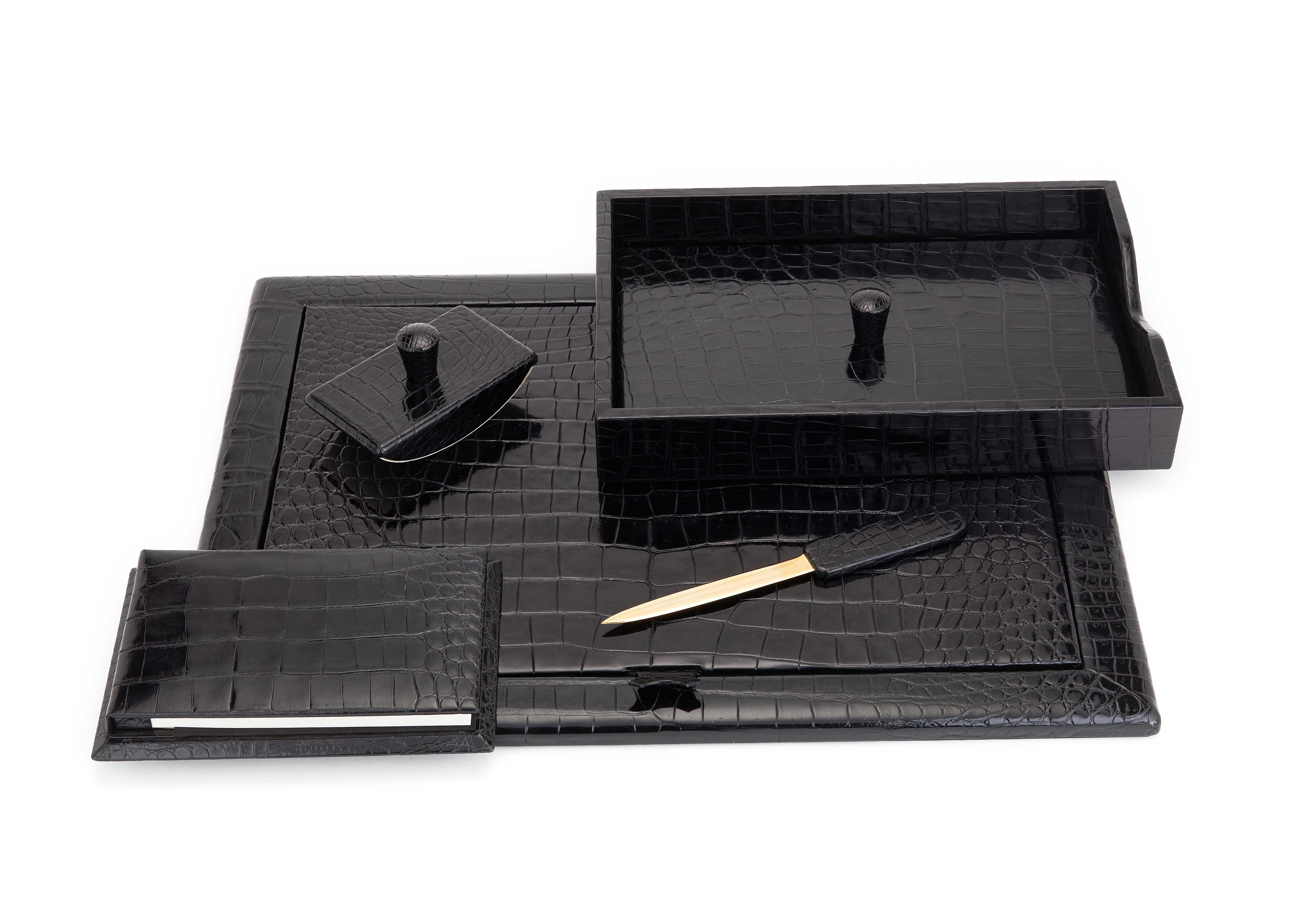 Asprey, a black alligator desk set 