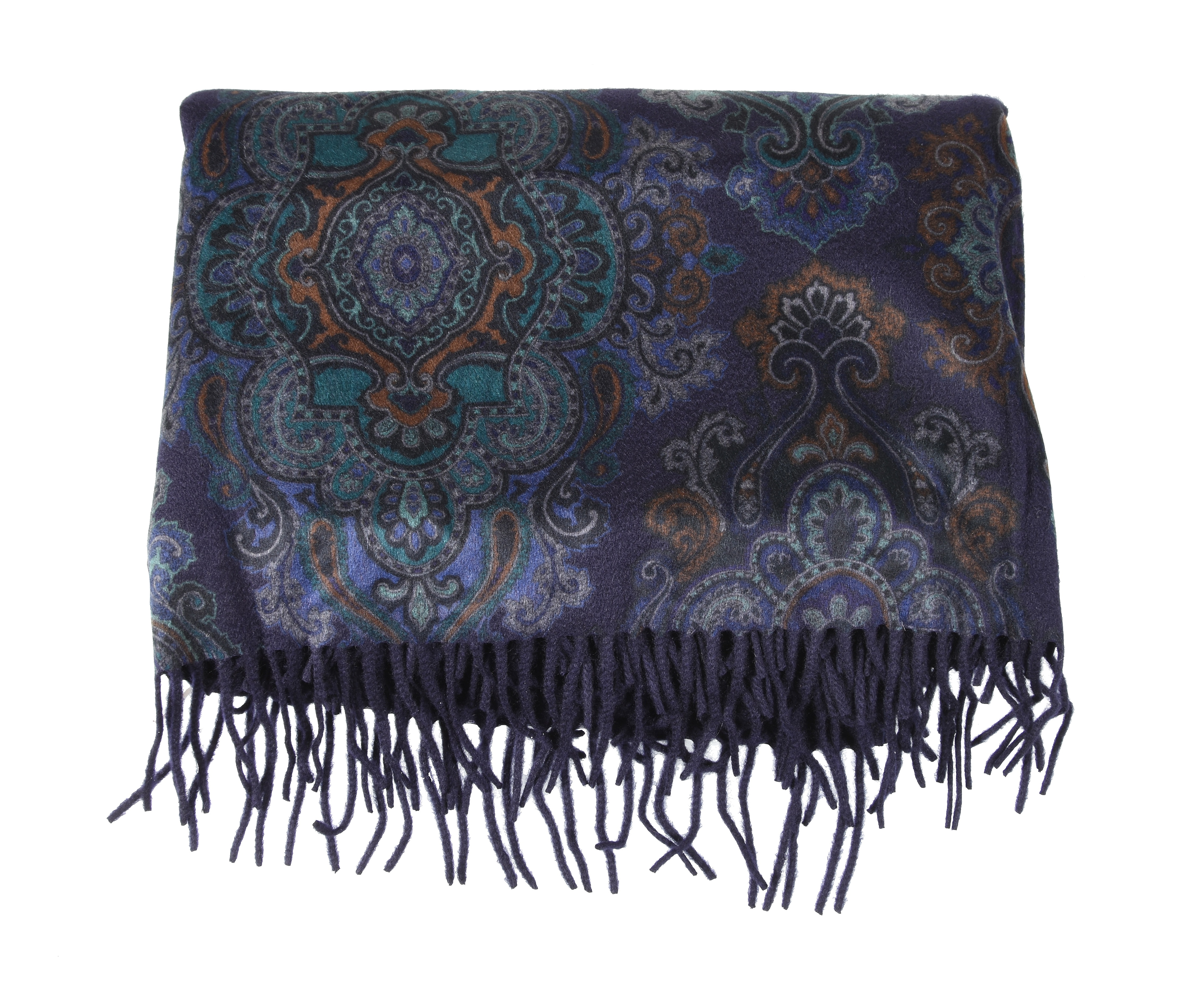 Asprey, a cashmere shawl by Loro Piana, the dark blue ground with multi-coloured foliage design 