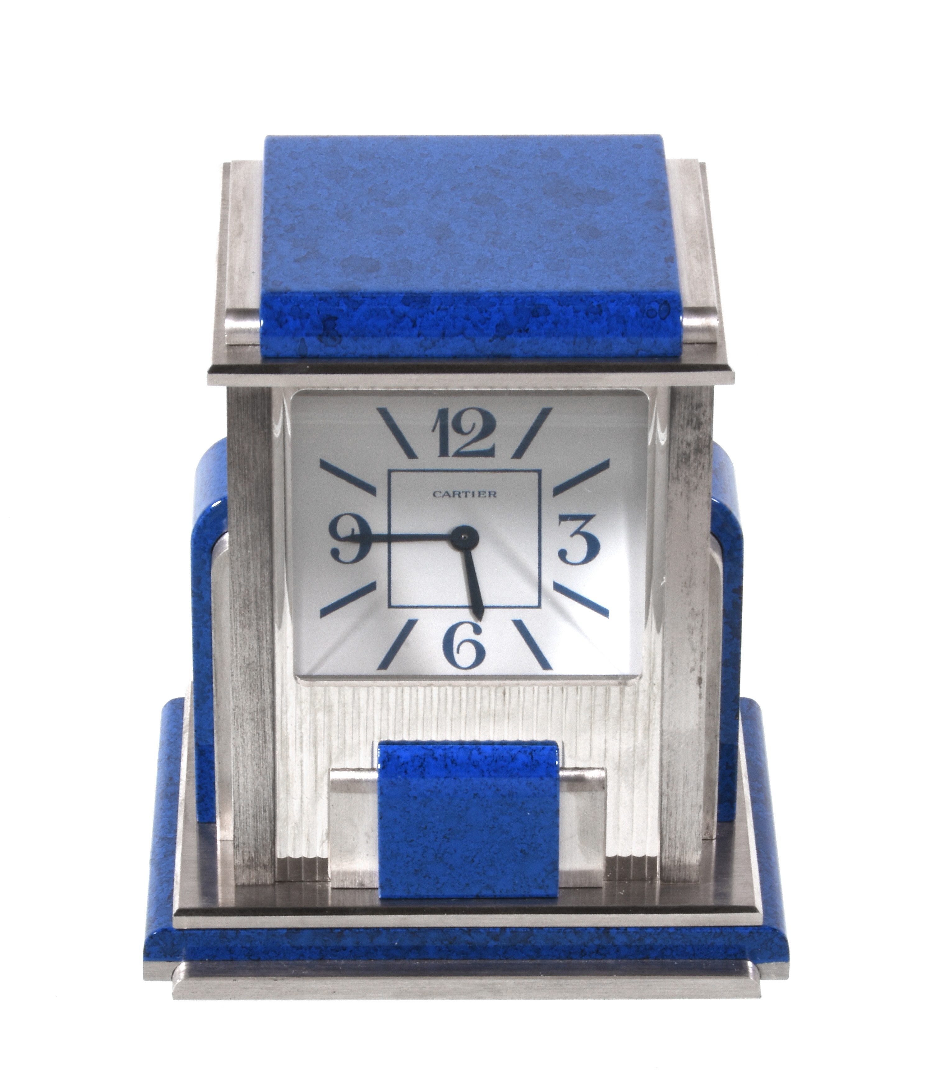 Cartier, Mystery Prism, an Art Deco style electro-plated and simulated lapis lazuli desk clock 