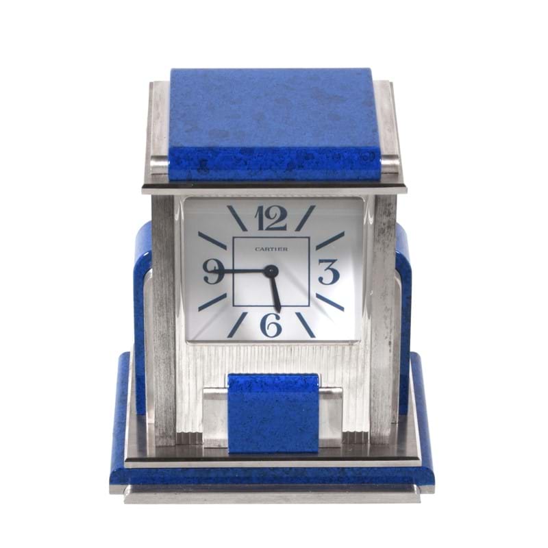 Cartier, Mystery Prism, an Art Deco style electro-plated and simulated lapis lazuli desk clock