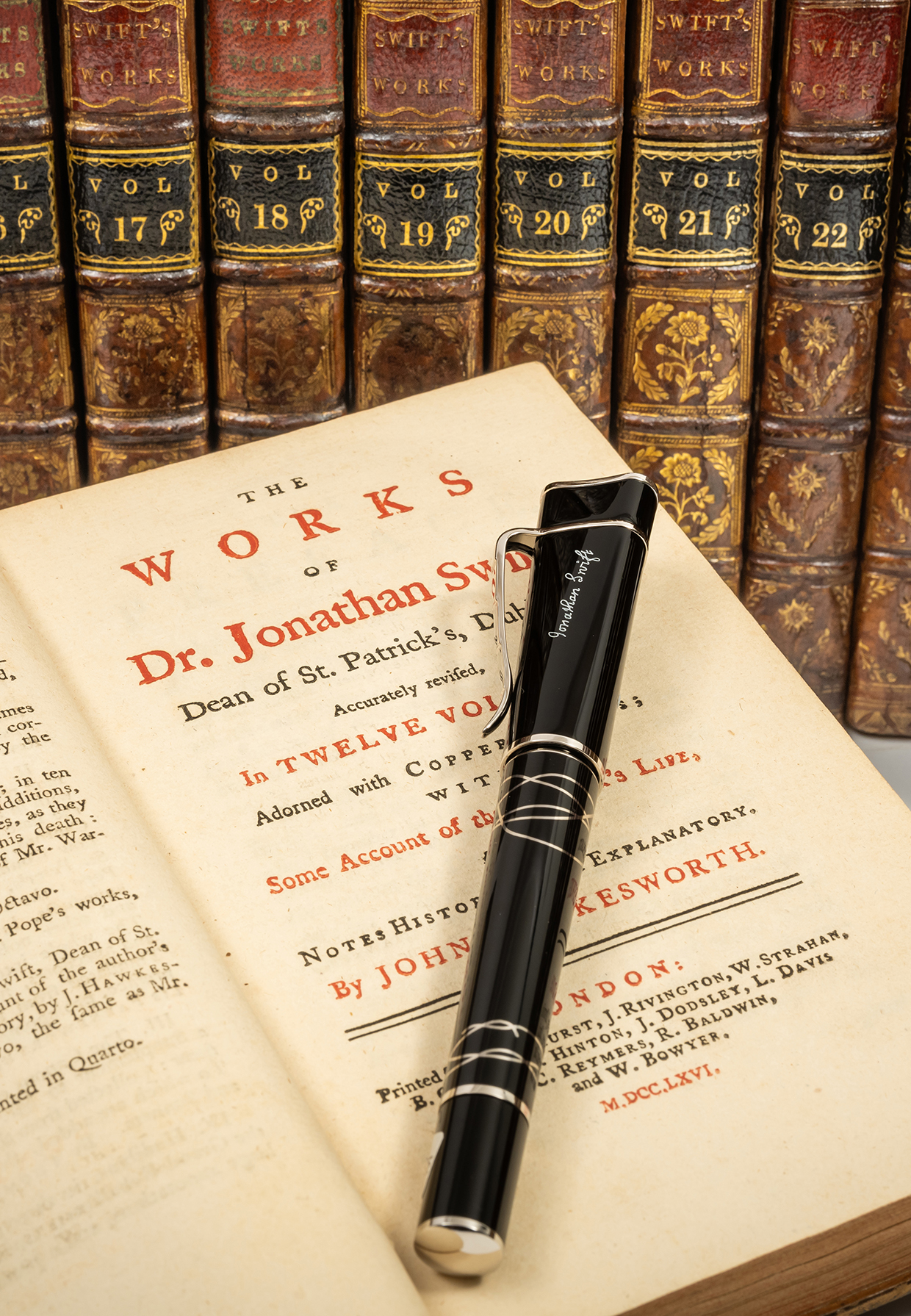 Inline Image - Lot 30: Montblanc, Writers Edition, Jonathan Swift, A limited edition fountain pen, No. 07458/12800, 2012 | Est. £300-500 (+ fees); Lot 280: Swift (Jonathan) The Works, 24 vol., for C. Bathurst [&c], 1766 | Est. £1,500-2,000 (+ fees)
