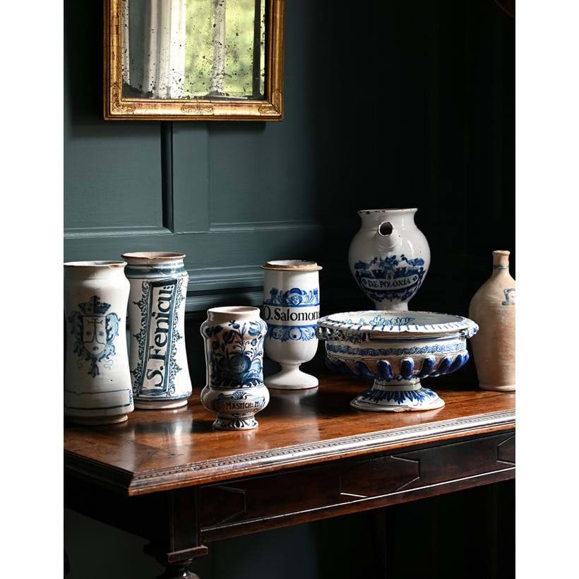 Inline Image - Lot 15: A group of continental blue and white apothecary jars, 17th-19th century, Est. £600-800 (+ fees) (Together with Lot 13 & Lot 22)