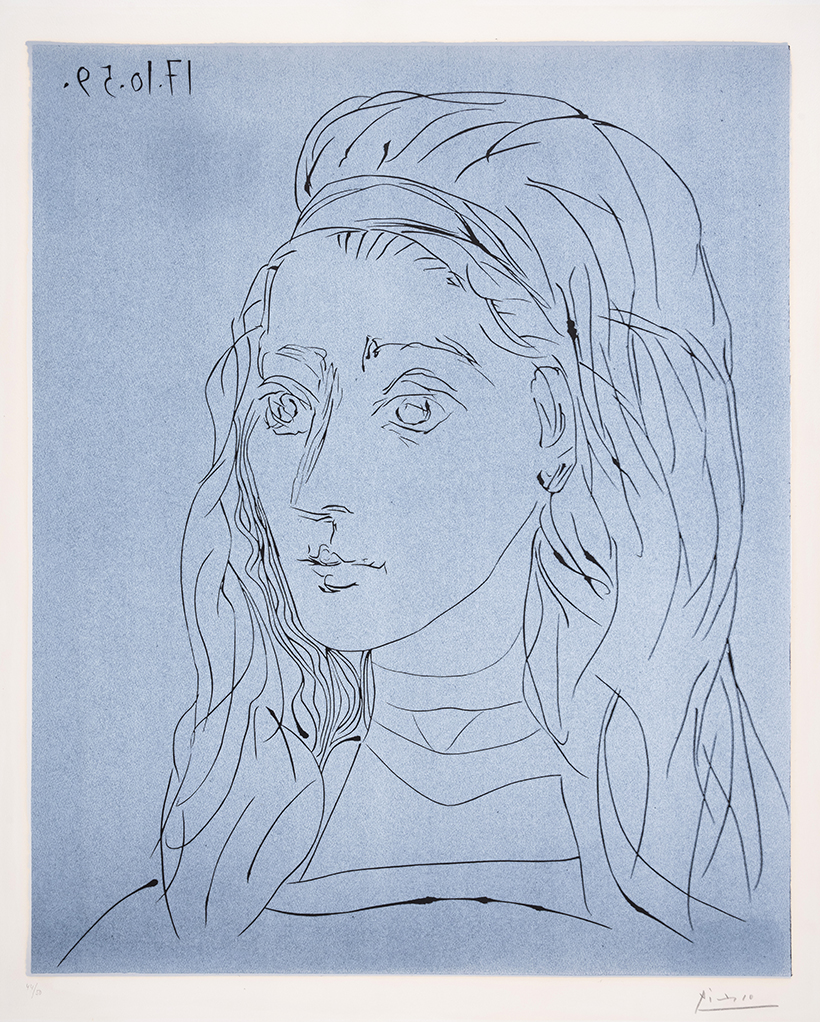 Inline Image - Lot 191: Pablo Picasso (1881-1973), Portrait de Jacqueline (Baer 1245; Bloch 923), linocut printed in cream on black, 1959, signed in pencil | Est. £60,000-80,000 (+ fees)