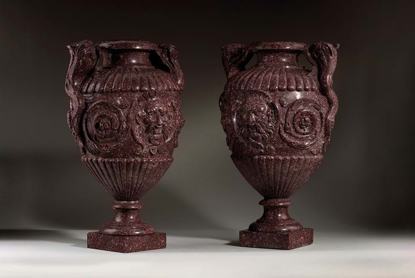 Inline Image - Lot 57: The de Rothschild Vases: An important pair of carved Imperial porphyry vases, French, 18th/19th century | Est. £70,000-100,000 (+ fees)