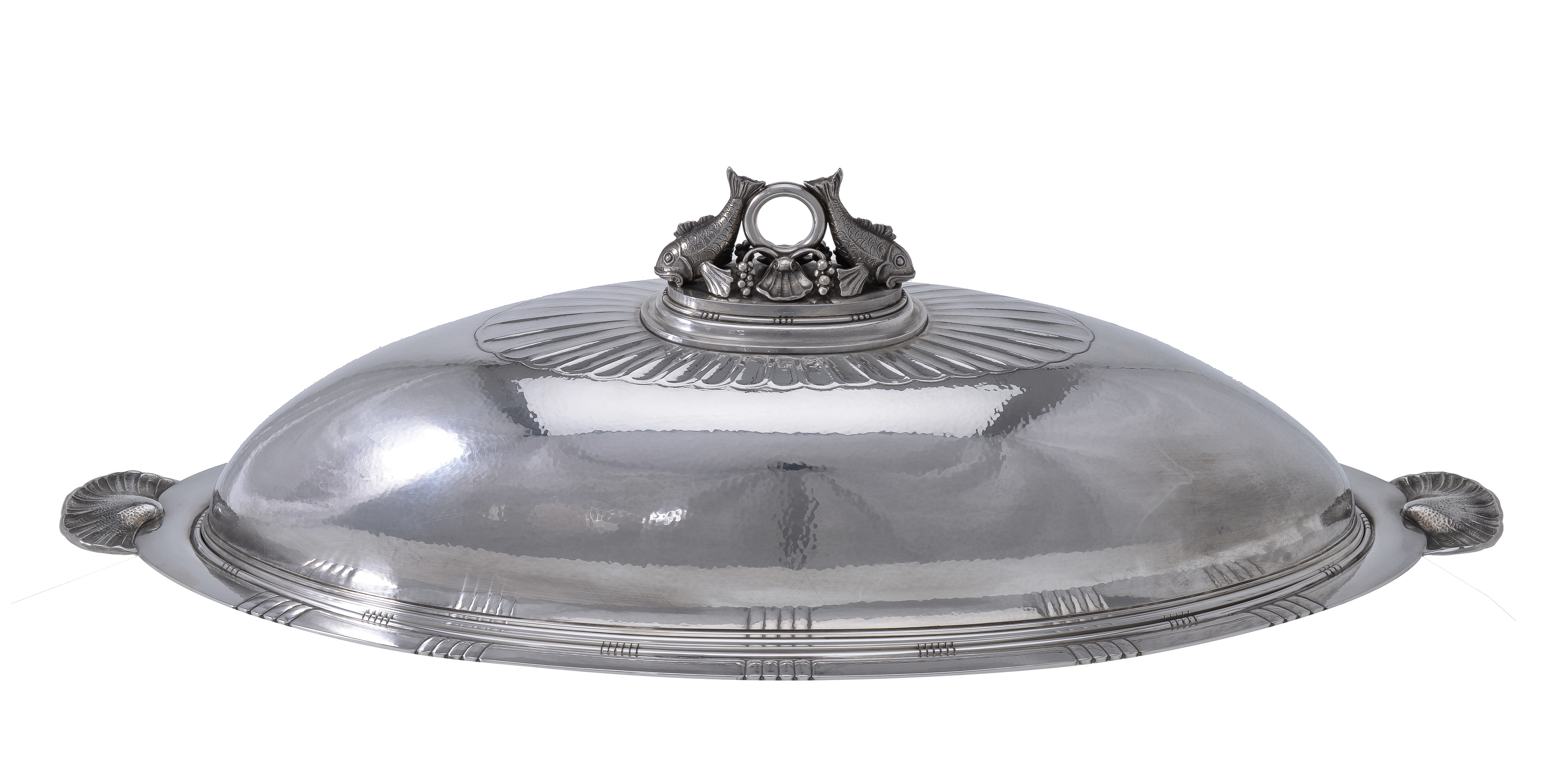 Georg Jensen, a Danish silver oval fish dish, drainer and cover, post 1945, designed by Johan Rohde in 1919