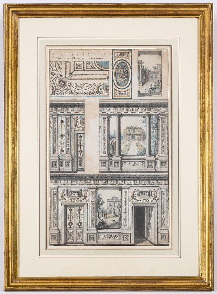 Inline Image - Lot 64: Sicilian School (18th century) Design for a Trompe L’Oeil Wall Decoration, pen and grey ink and wash, watercolour, inscribed with a scale labelled 'Scala di Palmi dieci Siciliani' at the upper left, on laid paper without watermark | Est. £3,000-5,000 (+ fees)