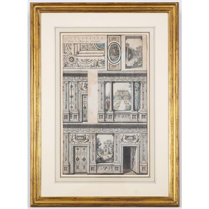 Inline Image - Lot 64: Sicilian School (18th century) Design for a Trompe L’Oeil Wall Decoration, pen and grey ink and wash, watercolour, inscribed with a scale labelled 'Scala di Palmi dieci Siciliani' at the upper left, on laid paper without watermark | Est. £3,000-5,000 (+ fees)