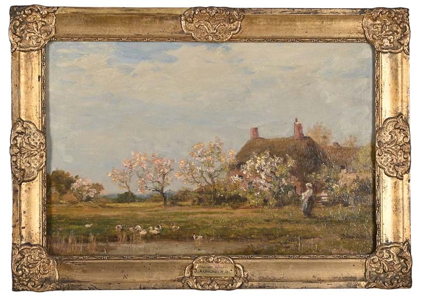 Inline Image - Lot 59: James Aumonier (British 1832-1911), 'A Cottage in a Spring Landscape' | Est. £250-350 (+ fees)
